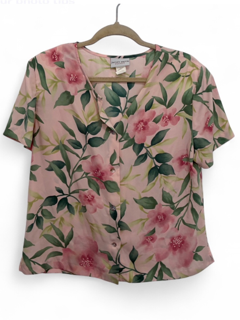 Vintage Jaclyn Smith Pink Floral V-Neck Short Sleeve Button Front Blouse